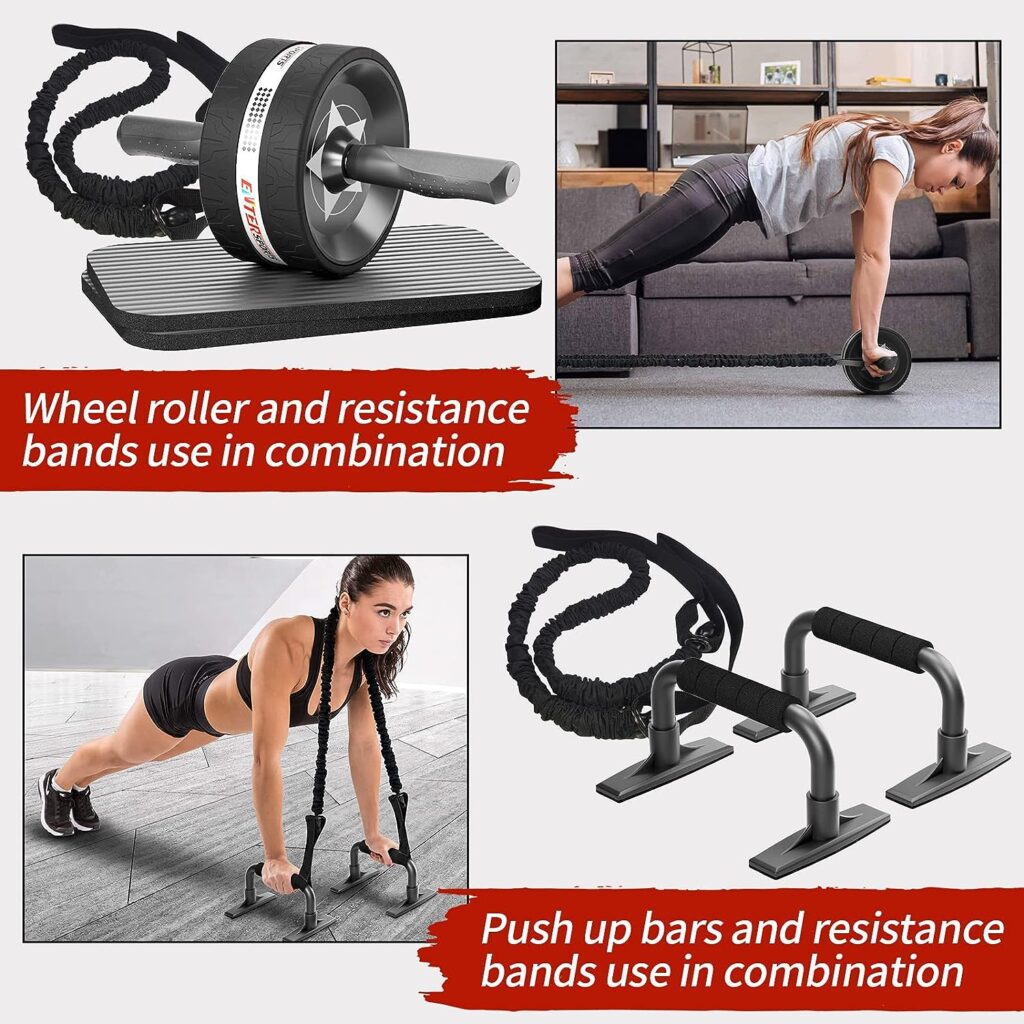 EnterSports Ab Rollers Wheel Kit, Exercise Wheel Core Strength Training Abdominal Roller Set with Push Up Bars, Resistance Bands, Knee Mat Home Gym Fitness Equipment for Abs Workout