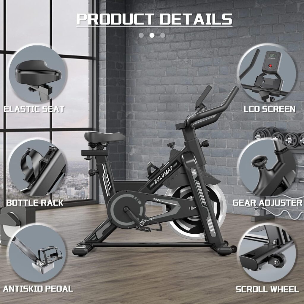 eulumap Exercise Bike - Stationary Indoor Cycling Bike for Home GYM with Tablet Holder and LCD Monitor,Silent Belt Drive,Comfortable seat and quiet flywheel(Grey)