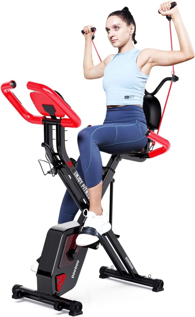 pooboo Folding Exercise Bike, Foldable Fitness Stationary Bike Machine, Upright Indoor Cycling Bike, Magnetic X-Bike with 8-Level Adjustable Resistance, Bottle Holder  Back Support Cushion for Home Gym Workout