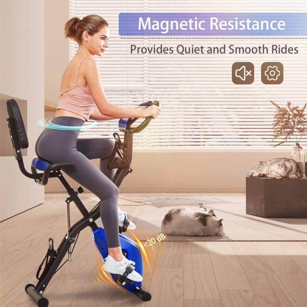 WHTOR Stationary Bike 4 in 1 Foldable Exercise Bike for Home with Pulse Sensor and 16 Level Adjustable Magnetic, Workout Cycling Upright Bike with Arm and Leg Resistance Band for Seniors