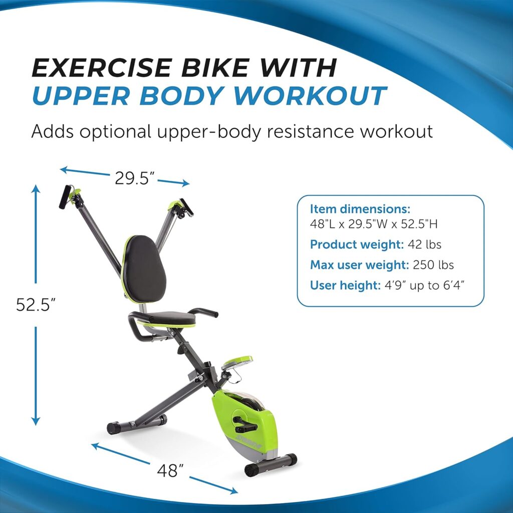 Stamina Wonder Exercise Bike with Upper Body Workout - Foldable Exercise Bike with Smart Workout App - Recumbent Bike for Home Workout - Up to 250 lbs Weight Capacity