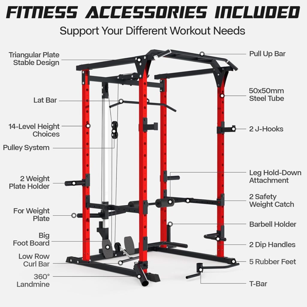Mappding 1500 LBS Power Cage, Squat Rack for Home Gym with LAT Pullup System with 3 Grip Variations, T Bar, Leg Hold-Down Attachment, Weight Cage with More Training Attachment for Garage Workout