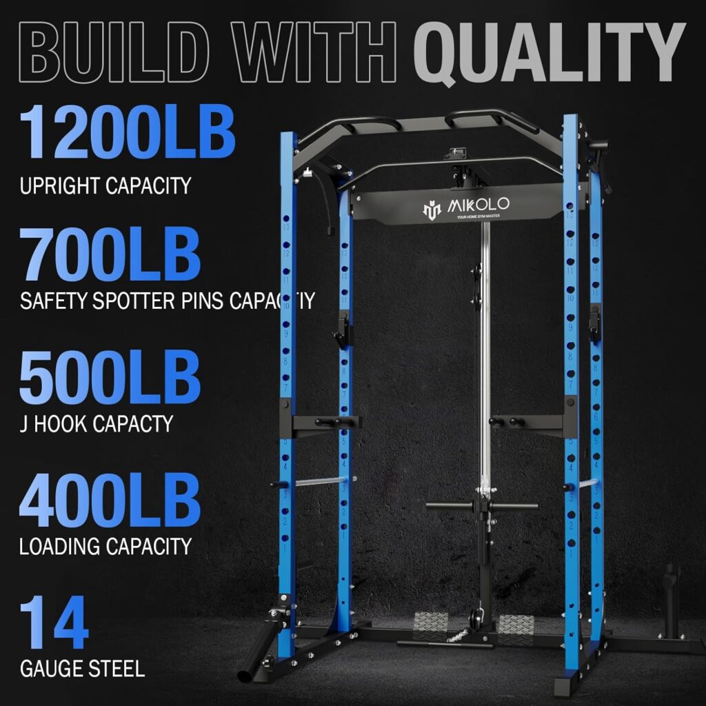 Mikolo Power Cage, Power Rack with LAT Pulldown, Multi-Functional Squat Rack, Squat Cage with More Training Attachments for Home Gym, F4 Versions