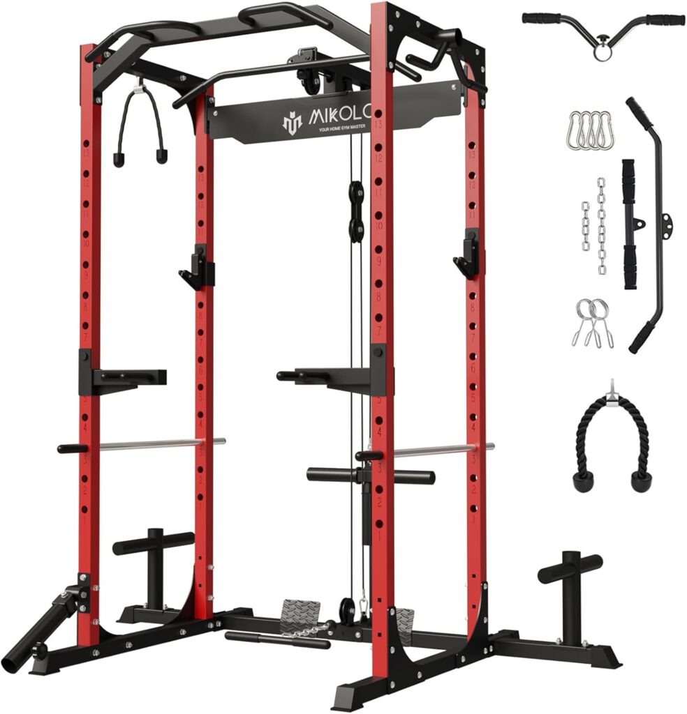 Mikolo Power Cage, Power Rack with LAT Pulldown, Multi-Functional Squat Rack, Squat Cage with More Training Attachments for Home Gym, F4 Versions