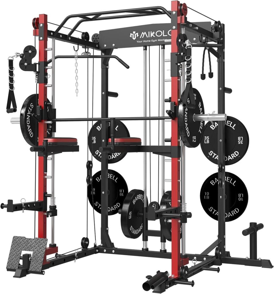 Mikolo Smith Machine, 2000LBS Multifunctional Squat Rack with LAT Pull Down SystemCable Crossover Machine for Home Gym, Power Cage with Dip/Leg Raise Attachments, Free Handles, Band Pegs