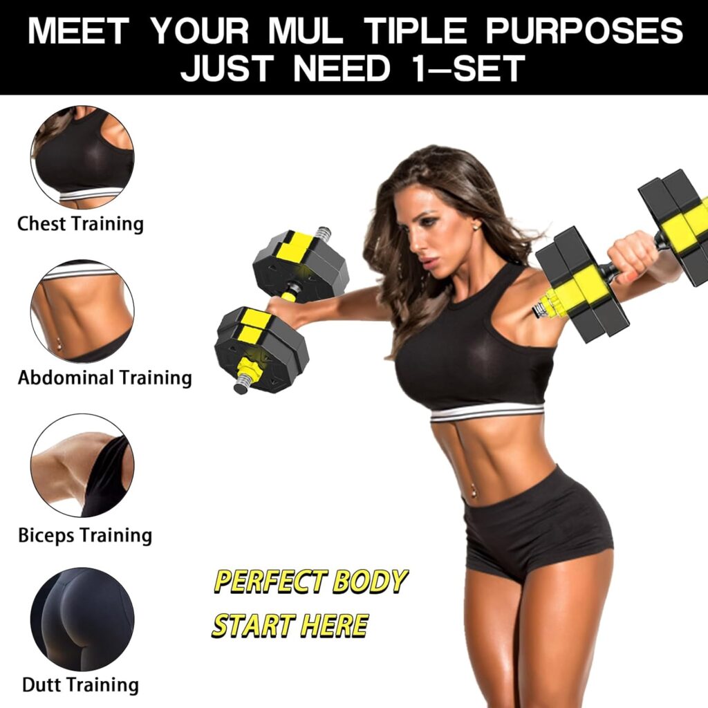QNLONG Adjustable Dumbbell Set With Connecting Rod - Convertible To Barbell, Rubber Coated Weights For Home Gym