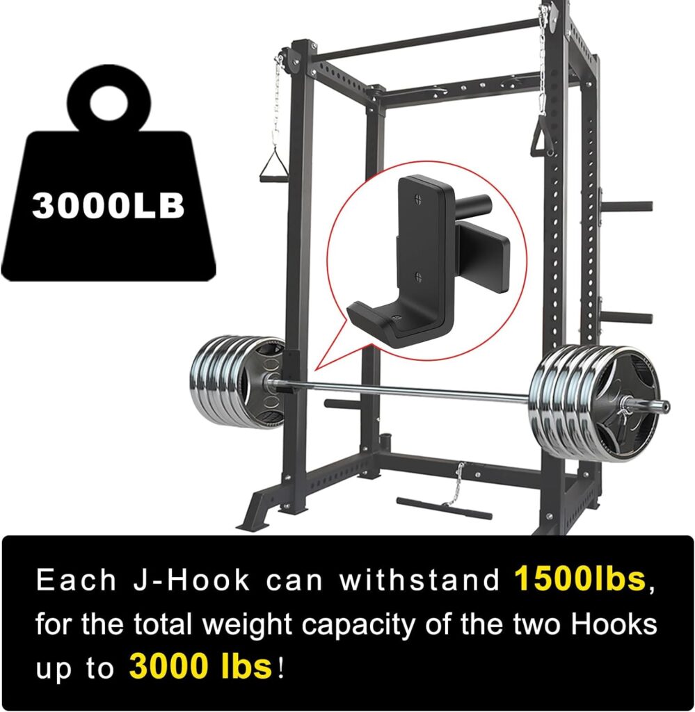 SELEWARE Solid Steel J Hooks for 2 x 2 or 3 x 3 Tube Power Cage with 1 or 5/8 Hole Squat Rack Attachment, J-Hook Barbell Holder for Power Rack, Set of 2