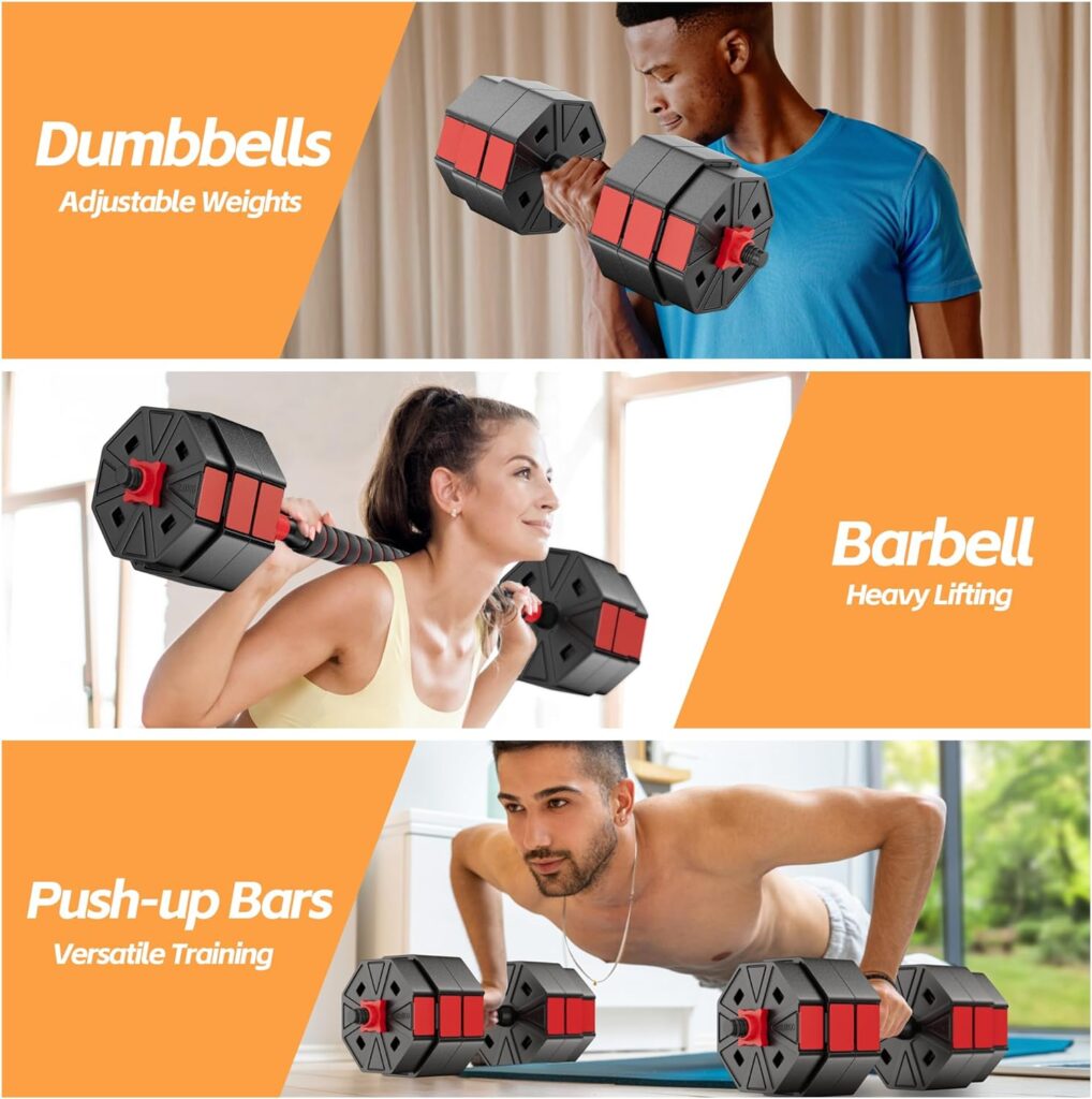 BIERDORF Professional Grade Adjustable Weights Dumbbells Set of 2 Weight Set for Home Gym 3 In 1 Used as Barbell, Dumbbell, Push up Bars 44LB/66LB Free Weights Dumbbells Set for Women and Men