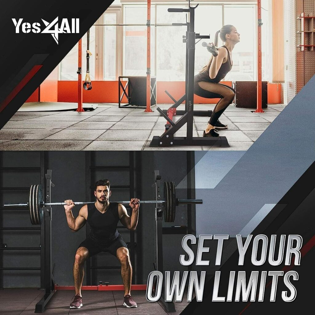 Yes4All Squat Rack for Home Gym, Adjustable Barbell Stand Rack, Multi-Function Weight Lifting, Dip Bar Station, Bench Press Rack Stand, Weight Plate Storage - Capacity Up to 600LBS