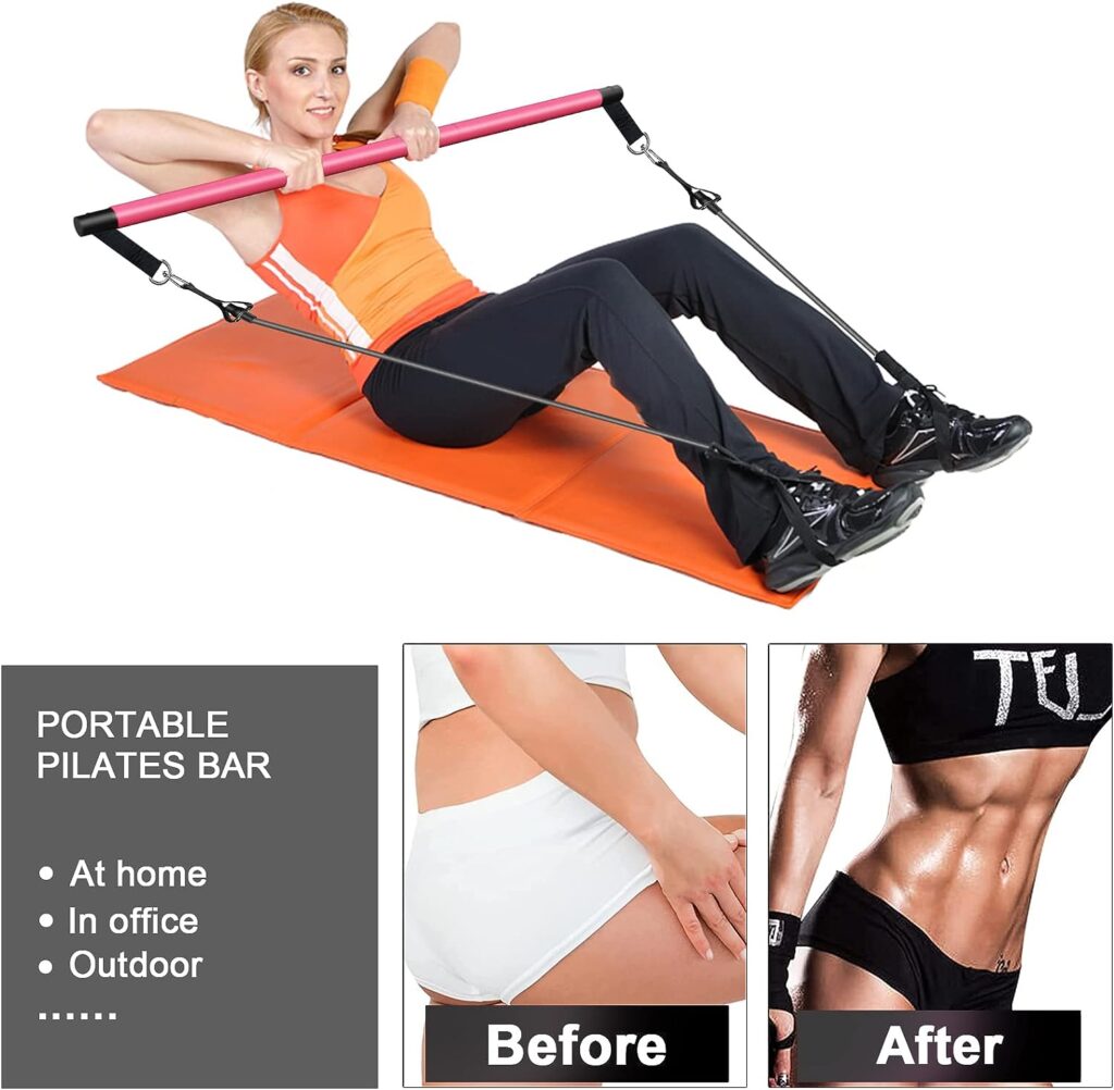 Pilates Bar Kit with Resistance Bands(4 x Resistance Bands),3-Section Pilates Bar with Stackable Bands Workout Equipment for Legs,Hip,Waist and Arm,Exercise Fitness Equipment for Women  Men