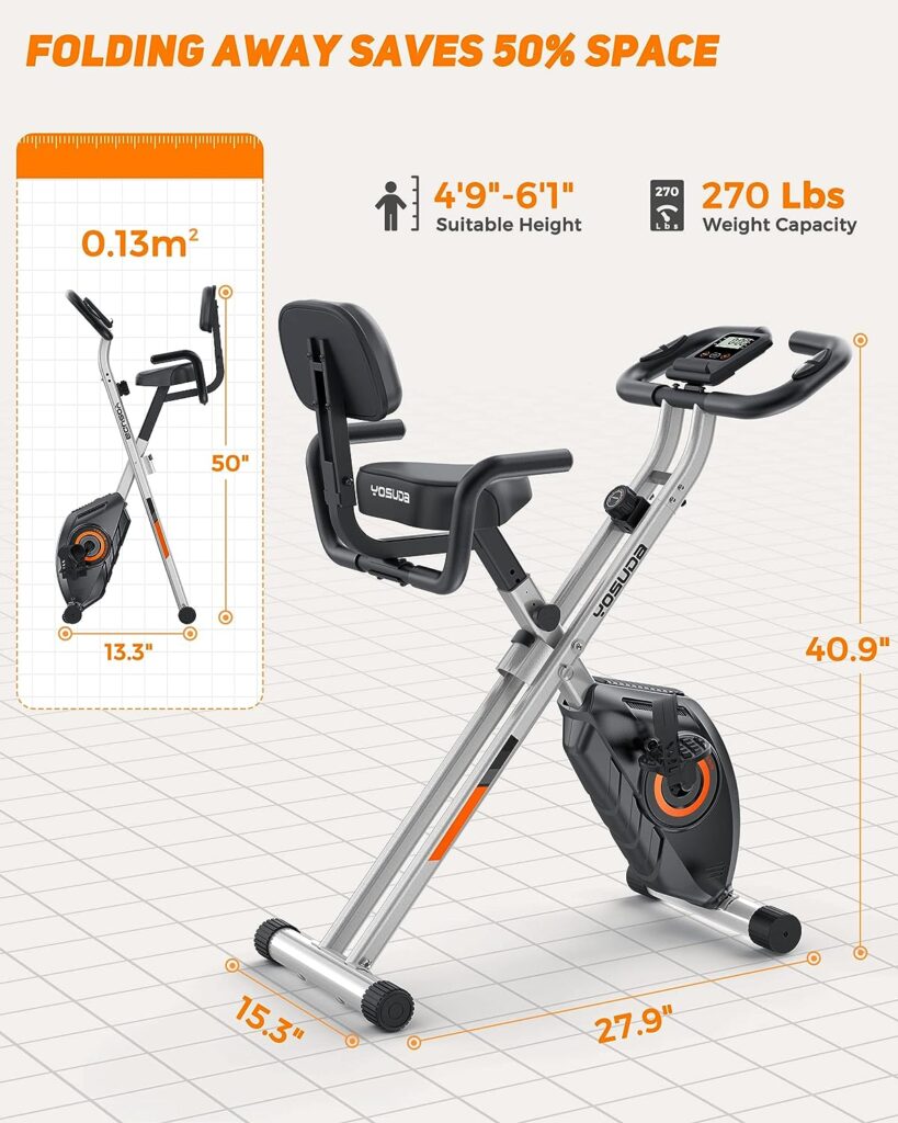 YOSUDA Folding Exercise Bike - 3 in 1 Upright Indoor Cycling Bike and Recumbent Exercise Bike, Foldable Stationary Bike with Large Comfortable Seat Cushion and Arm Resistance Band, Pulse Sensor