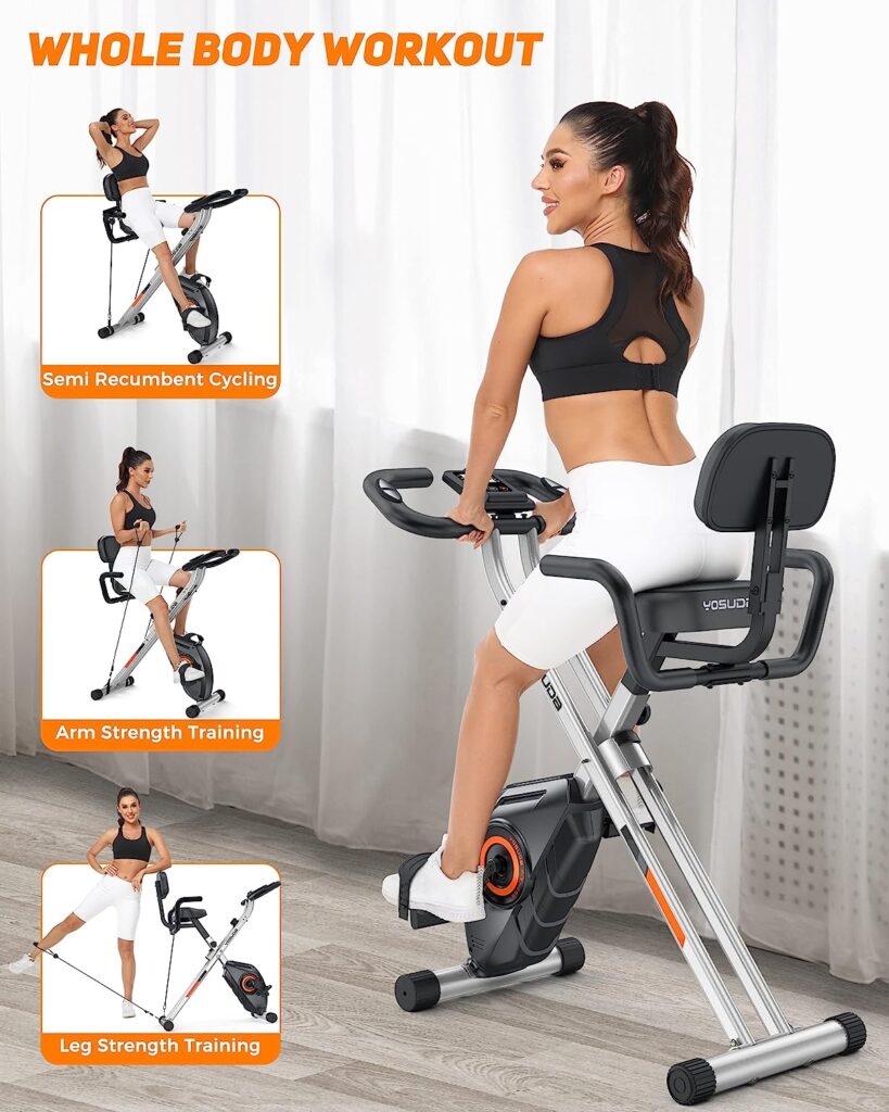 YOSUDA Folding Exercise Bike - 3 in 1 Upright Indoor Cycling Bike and Recumbent Exercise Bike, Foldable Stationary Bike with Large Comfortable Seat Cushion and Arm Resistance Band, Pulse Sensor