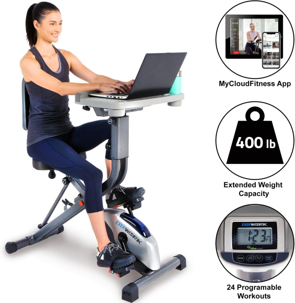 EXERPEUTIC EXERWORK 2000i Bluetooth Folding Exercise Desk Bike with 24 Workout Programs and Free App