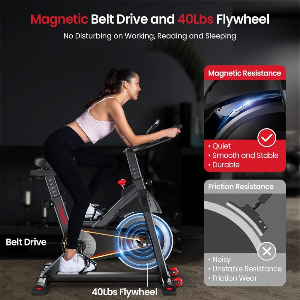 FITINDEX Magnetic Resistance Exercise Bike, Belt Drive Indoor Cycling Spin Bike Stationary, Fitness Spinning Exercise Bicycle with Cushion, Monitor, 40lbs Flywheel for Home