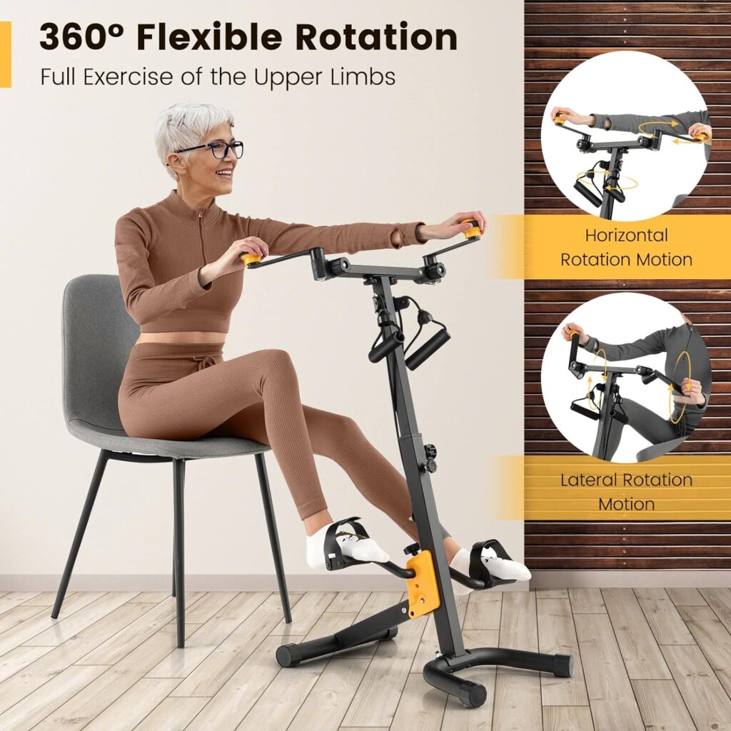 Goplus Foldable Pedal Exerciser for Seniors, Hand Arm Leg Knee Physical Therapy Exercise Bike w/ Adjustable Height, Handgrip, Resistance Band, Recovery Home Workout Equipment for Elderly