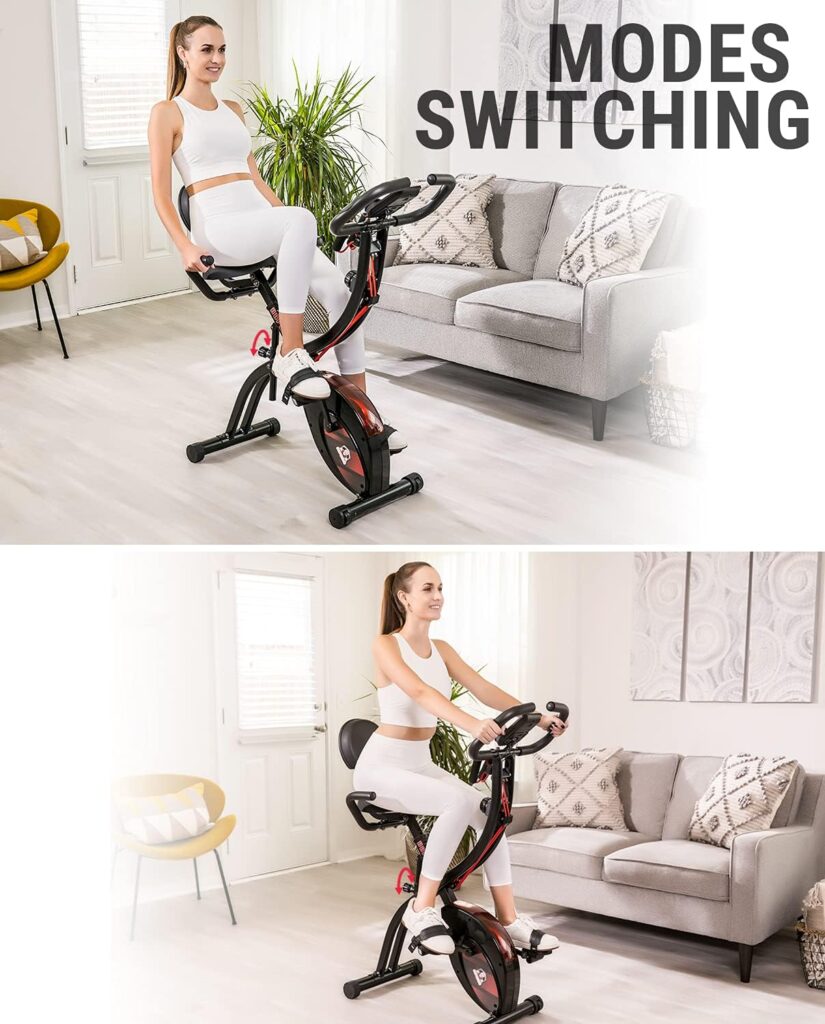 HAPBEAR Folding Exercise Bike Magnetic Foldable Stationary Bike, 3 in 1 Mode Indoor Upright Fitness Workout X-Bike with 8-Level Resistance and Arm Resistance Band, Pulse Sensor,LCD Monitor