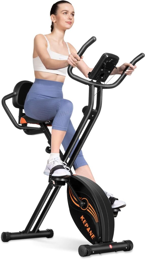 KEPANE Exercise Bike Foldable Stationary Exercise Bikes Upright Portable Indoor Cycling Bike 8 Levels Magnetic X-BIKE 300LB Seat Backrest Adjustments