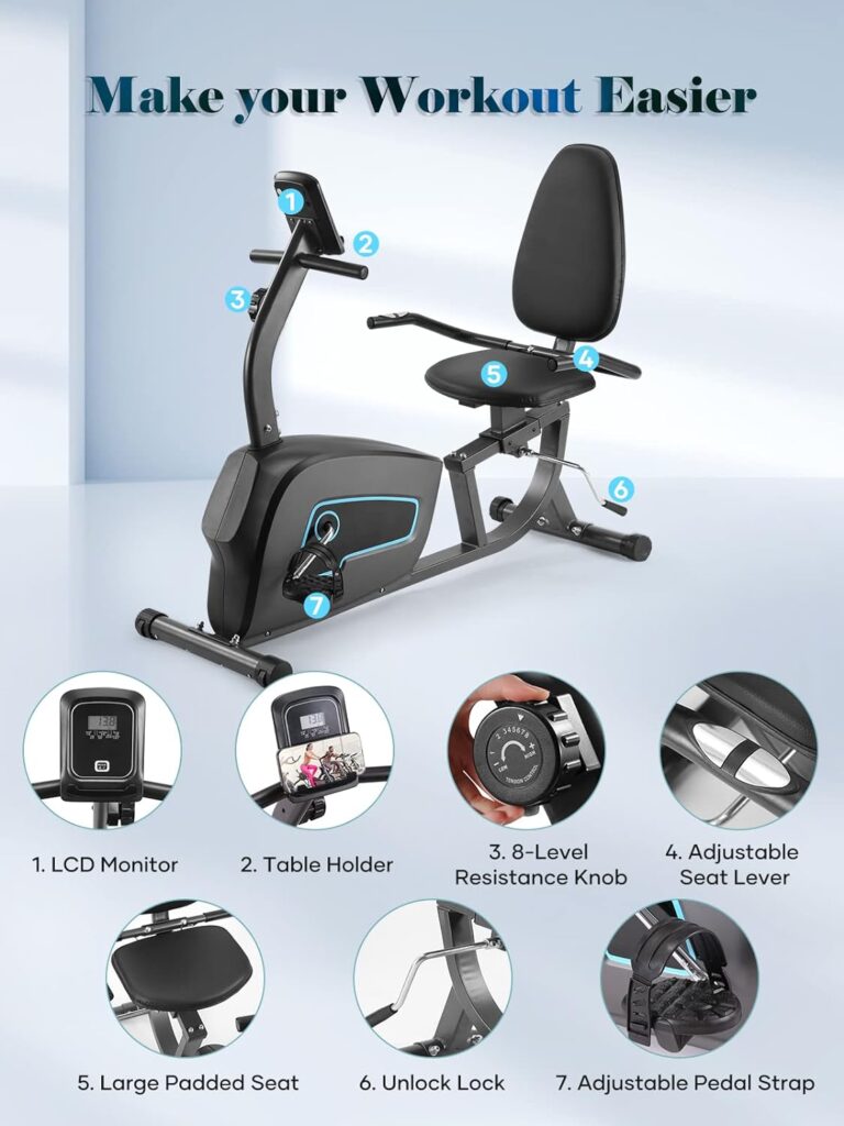 Recumbent Exercise Bike Stationary Bike for Home Sturdy Quiet 8 Levels Magnetic Large Comfortable Seat with Pulse Monitor  iPad Holder Cardio Workout for Seniors Adults