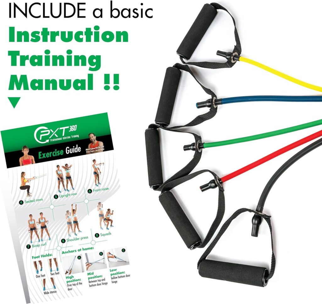 Resistance Bands with Handles by PXT360 | Complete Set of 5 Heavy Weights Exercise Tube Band from 5 to 50 pounds | Physical Therapy Recommended | Great for arms and Shoulders Workout and Strength