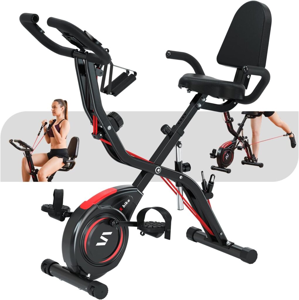 SINUODE Folding Exercise Bike with Arm  Leg Workout, 4-in-1 Recumbent Exercise Bike for Home, Stationary Bike for Seniors, with 16-Level Magnetic Resistance, 330LB Capacity