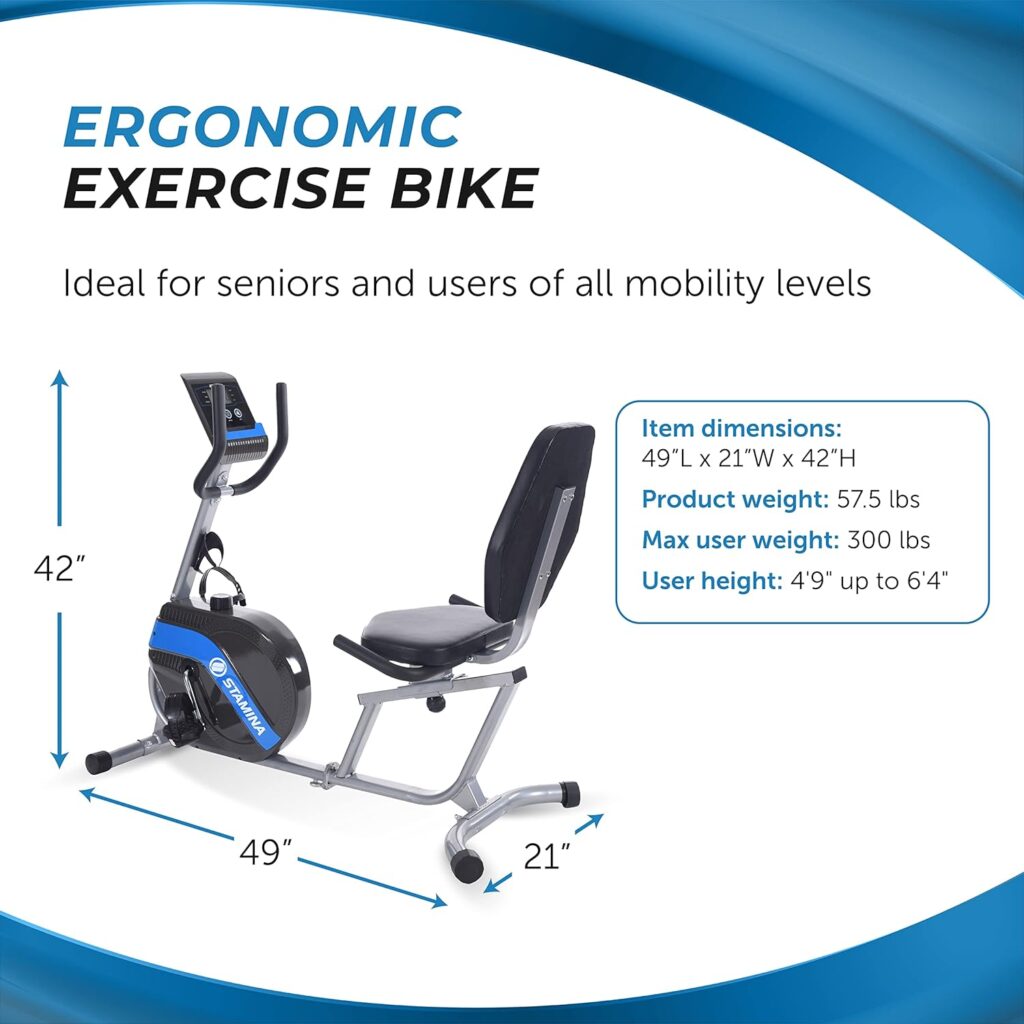 Stamina Recumbent Exercise Bike 345 - Exercise Bike with Smart Workout App - Recumbent Exercise Bike for Home Workout - Up to 300 lbs Weight Capacity