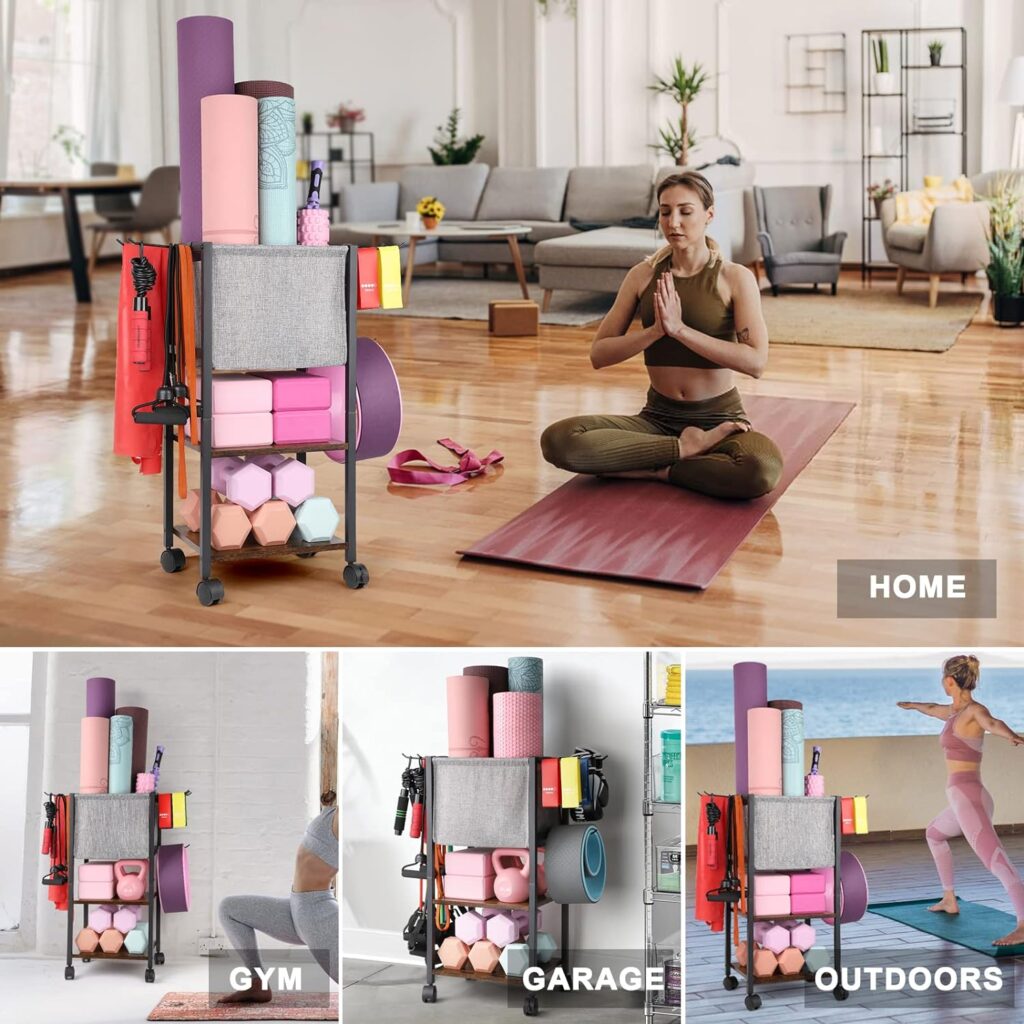 Yoga Mat Storage Rack Home Gym Equipment Workout Equipment Storage Organizer Yoga Mat Holder for Yoga Block,Foam Roller,Resistance Band,Dumbbell,Kettlebell and More Gym Accessories Gym Essentials Women Men Fitness Exercise Equipment Organization with Hooks Wheels