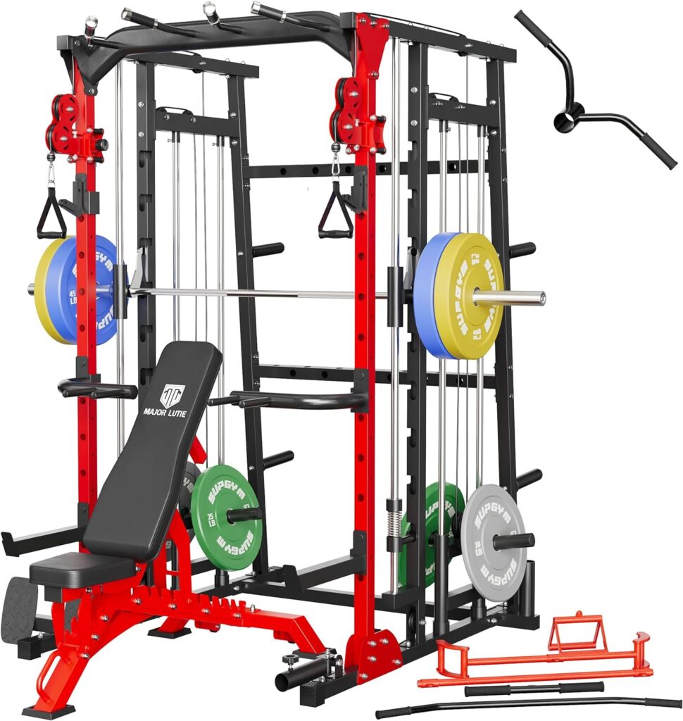 MAJOR LUTIE Smith Machine, All-in-One Home Gym Power Cage with Smith Bar and Two LAT Pull-Down Systems and Cable Crossover Machine for Home Gym