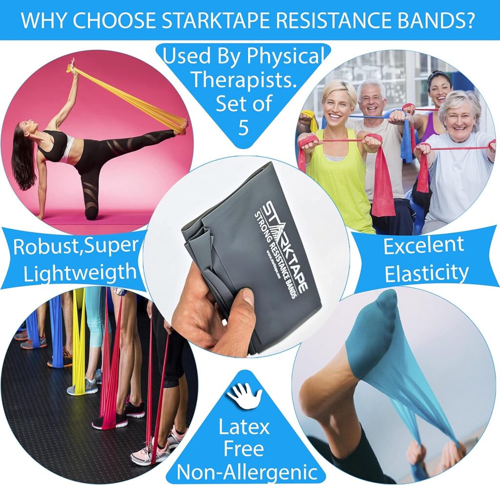 Starktape Resistance Bands Set. 5 Pack Non-Latex Physical Therapy, Professional Elastic Band. Perfect for Home Exercise, Workout, Strength Training, Yoga, Pilates, Rehab or Gym Leg Upper, Lower Body