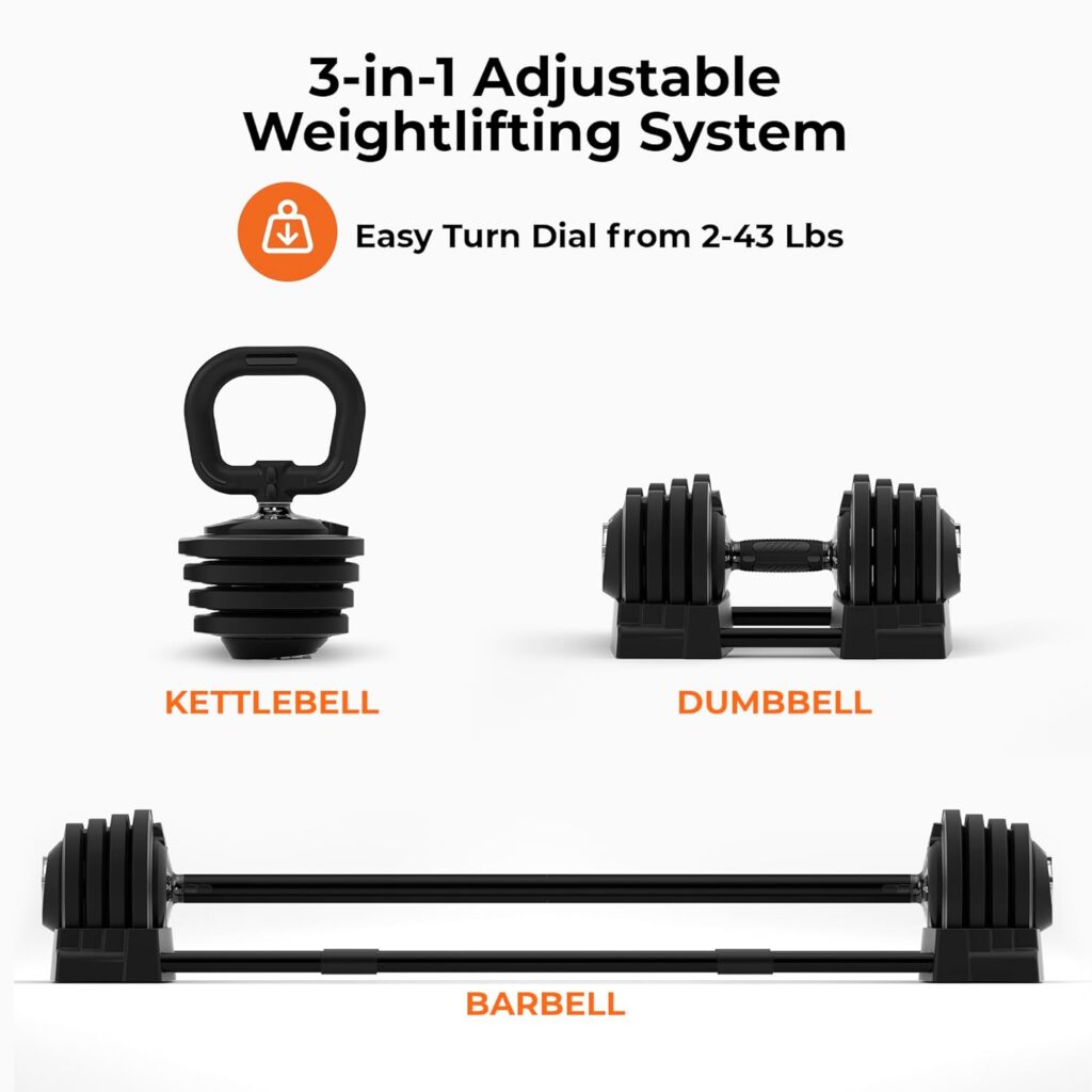 Lifepro 3-In-1 Adjustable Dumbbells Weight Set - 2-43Lbs Interchangeable Kettlebell, Dumbbell,  Barbell Adjustable Weights Set for Home Gym - Free Weight Sets for Home Workout for Women and Men