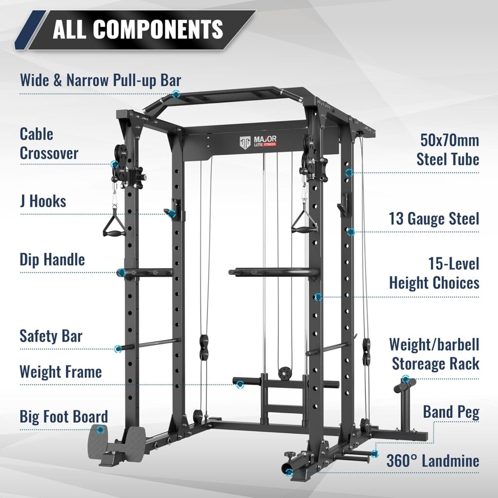 MAJOR LUTIE Power Cage, PLM03 1400 lbs Multi-Function Power Rack with Adjustable Cable Crossover System and More Training Attachment