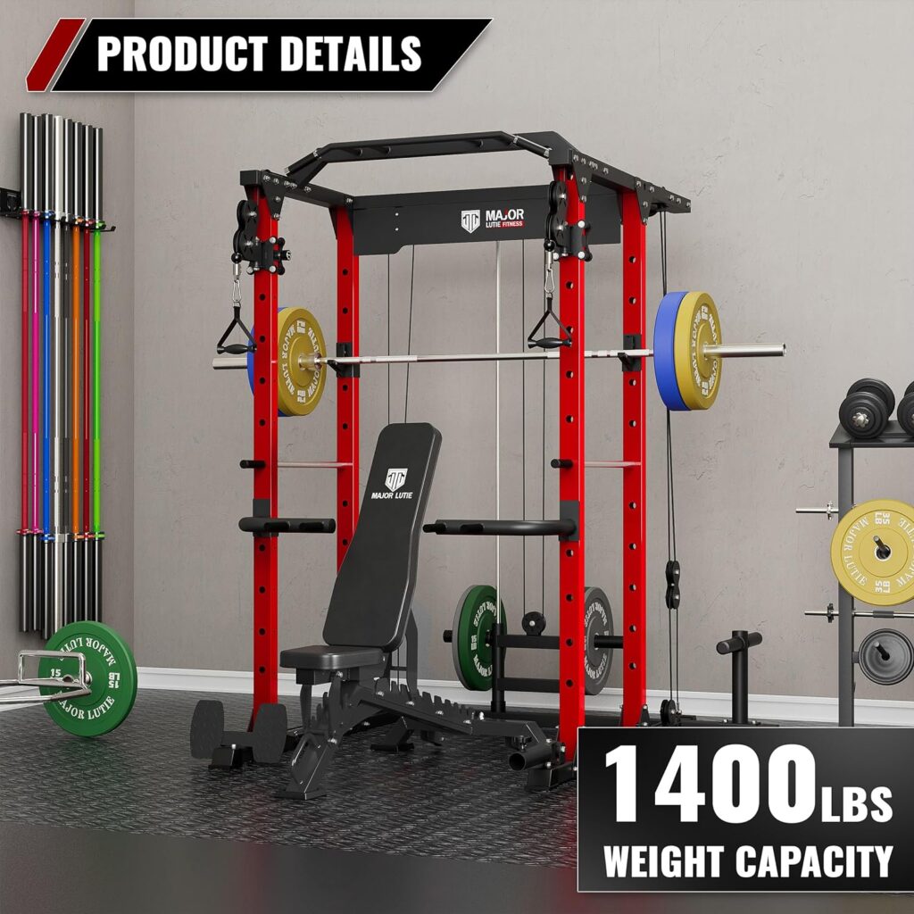 MAJOR LUTIE Power Cage, PLM03 1400 lbs Multi-Function Power Rack with Adjustable Cable Crossover System and More Training Attachment