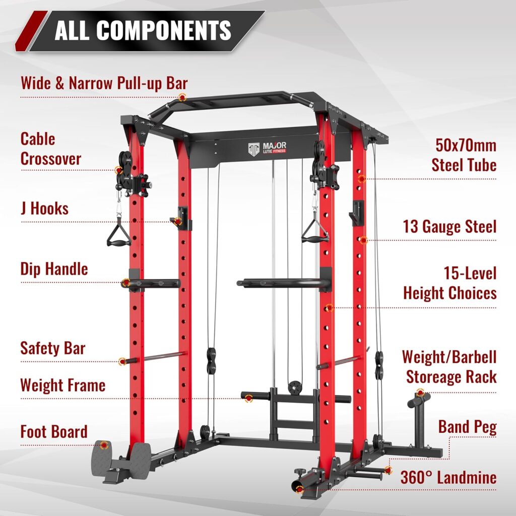 MAJOR LUTIE Power Cage, PLM03 1400 lbs Multi-Function Power Rack with Adjustable Cable Crossover System and More Training Attachment