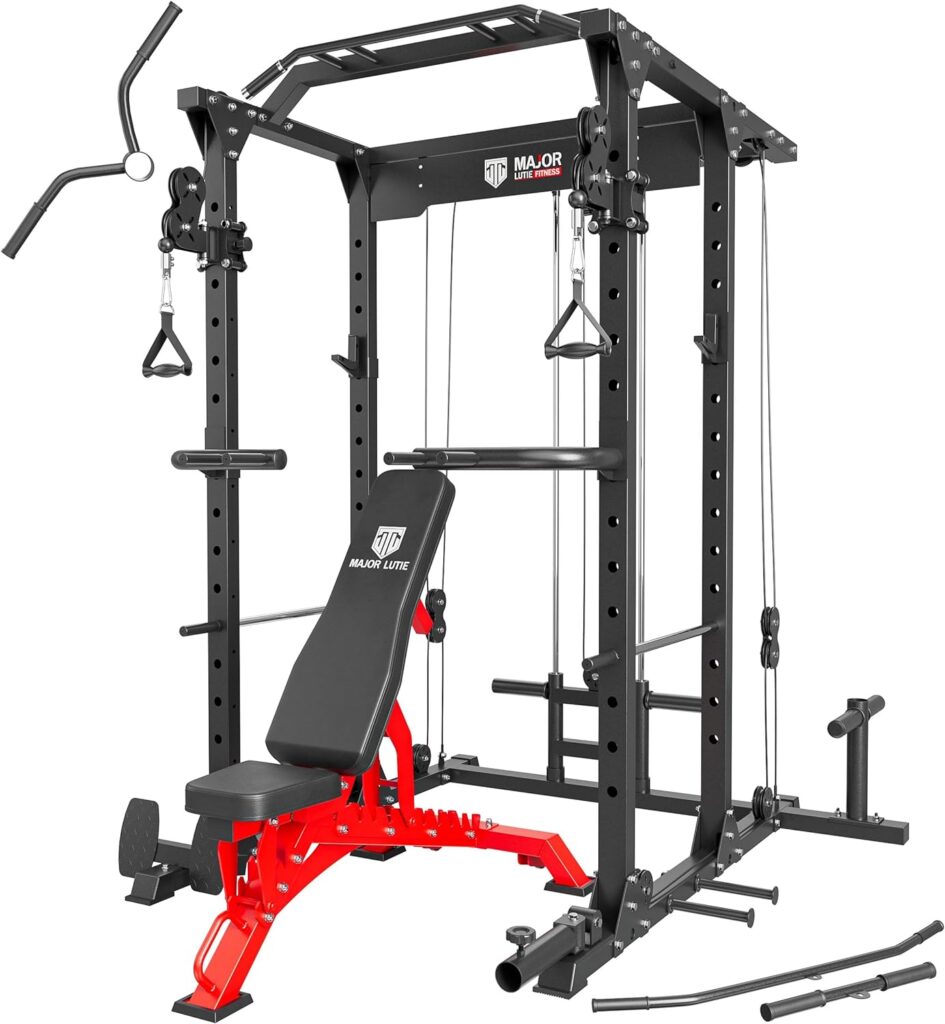 MAJOR LUTIE Power Cage, PLM03 1400 lbs Multi-Function Power Rack with Adjustable Cable Crossover System and More Training Attachment