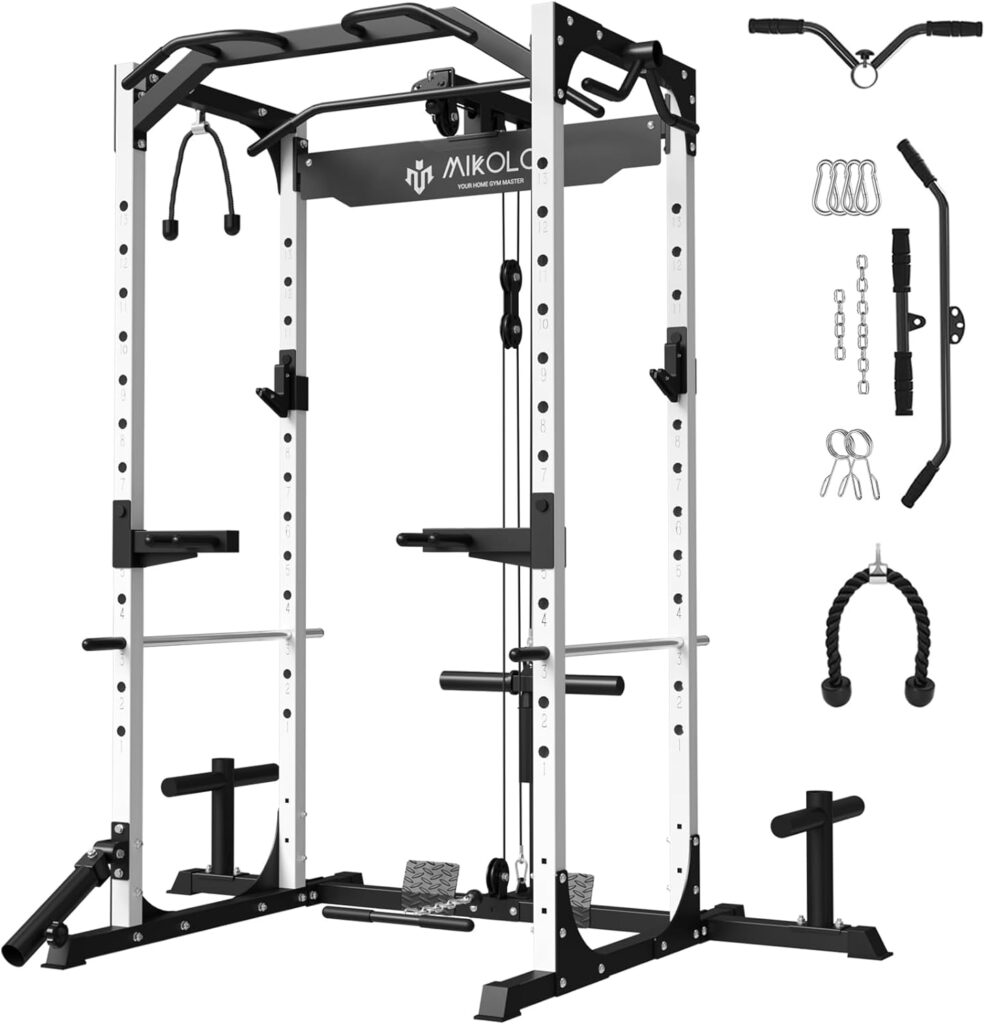 Mikolo Power Cage, Power Rack with LAT Pulldown, Multi-Functional Squat Rack, Squat Cage with More Training Attachments for Home Gym, F4 Versions