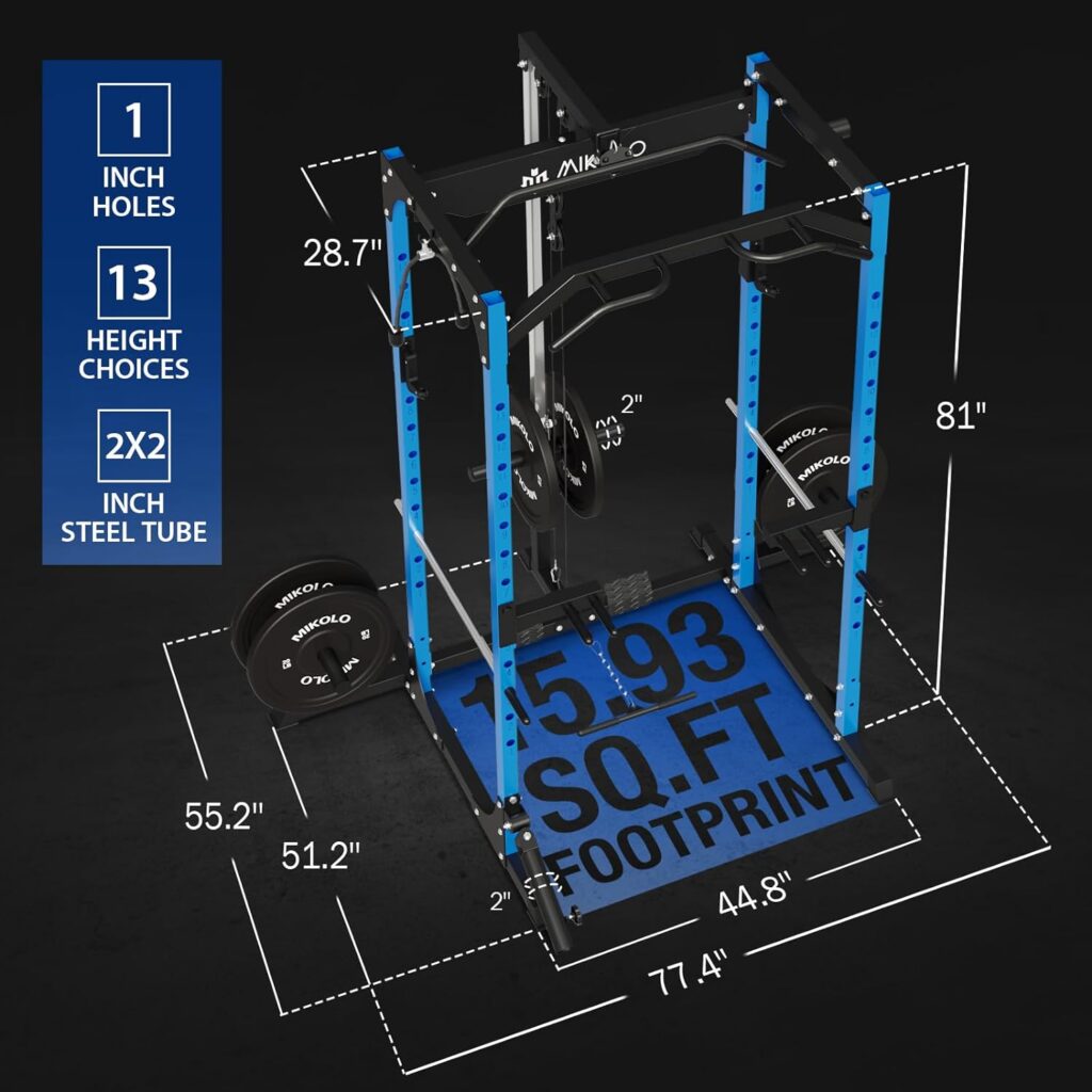 Mikolo Power Cage, Power Rack with LAT Pulldown, Multi-Functional Squat Rack, Squat Cage with More Training Attachments for Home Gym, F4 Versions