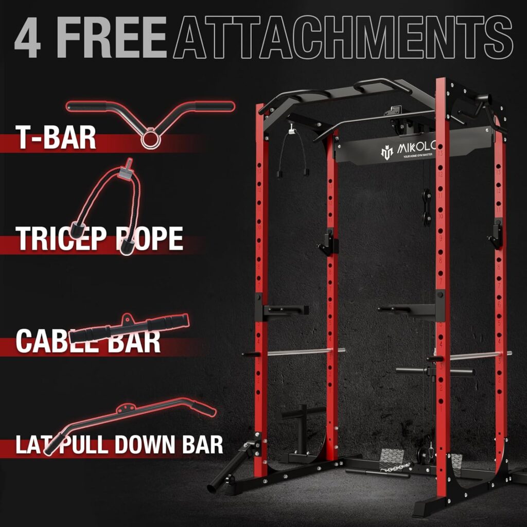 Mikolo Power Cage, Power Rack with LAT Pulldown, Multi-Functional Squat Rack, Squat Cage with More Training Attachments for Home Gym, F4 Versions