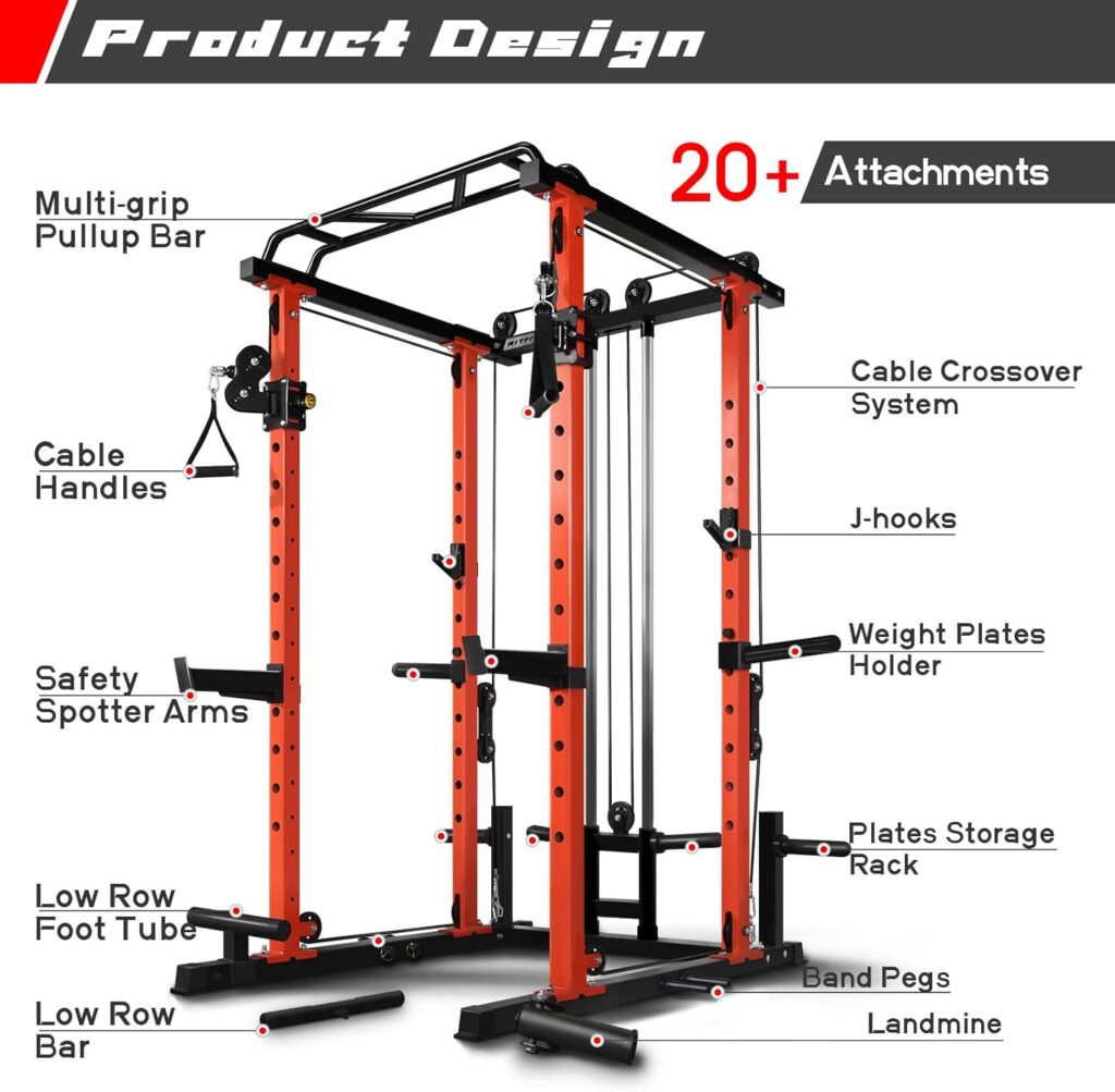 RitFit Power Cage with Optional LAT PullDown/Cable Crossover/Smith Machine System, 1000LB Squat Rack for Home  Garage Gym, with Weight Storage Rack and More Training Attachments, ASTM-Certified