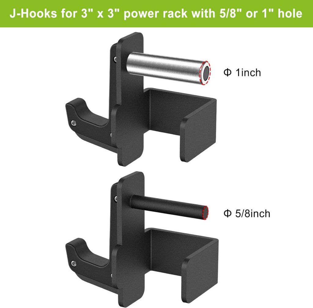 SELEWARE Solid Steel J Hooks for 2 x 2 or 3 x 3 Tube Power Cage with 1 or 5/8 Hole Squat Rack Attachment, J-Hook Barbell Holder for Power Rack, Set of 2