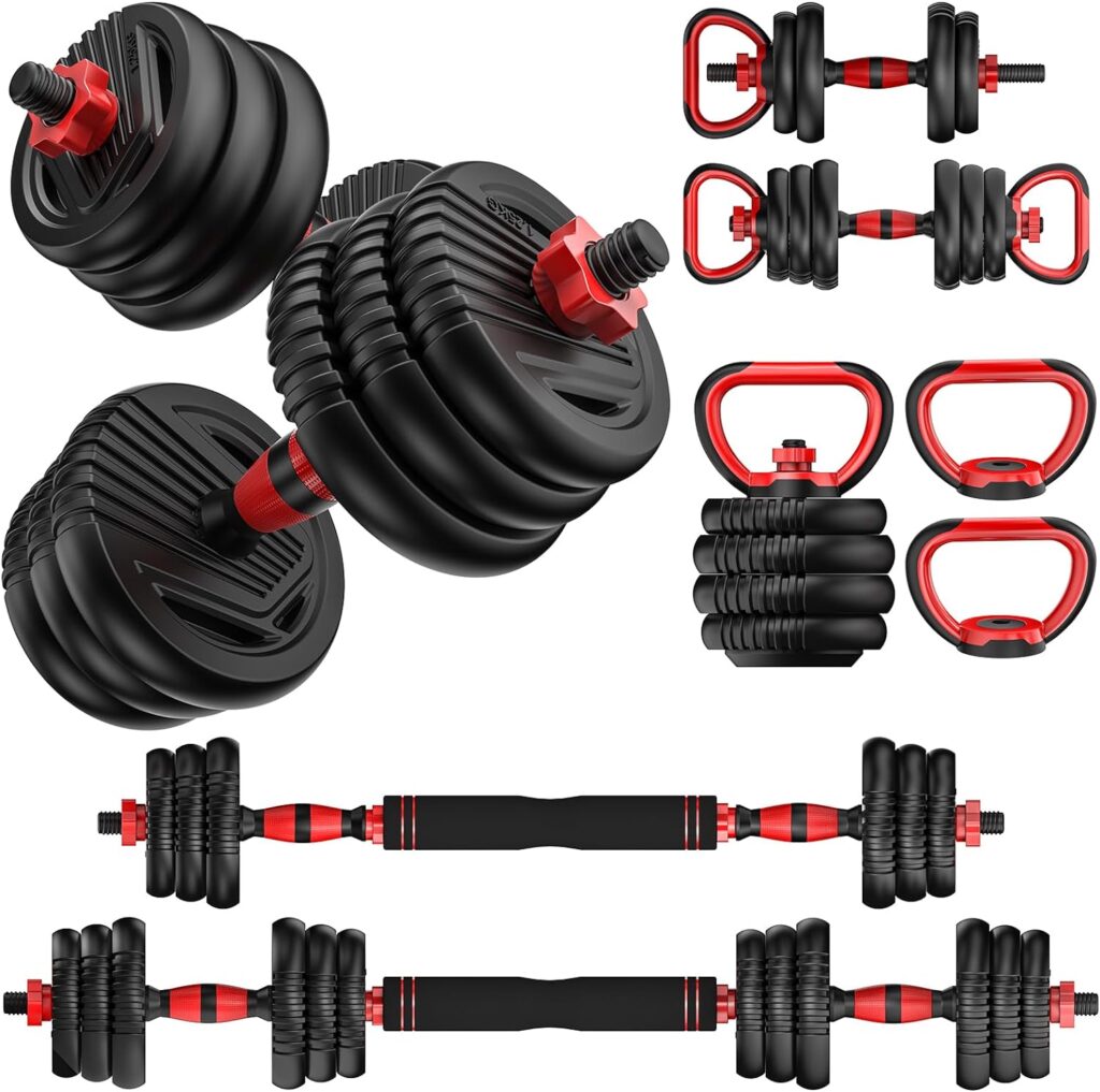 Trakmaxi Adjustable Dumbbell Set 20LBS/35LBS/55LB/70LBS/90lbs Free Weights Dumbbells, 4 in 1 Weight Set, Dumbbell, Barbell, Kettlebell, Push-up, Home Gym Fitness Workout Equipment for Men Women